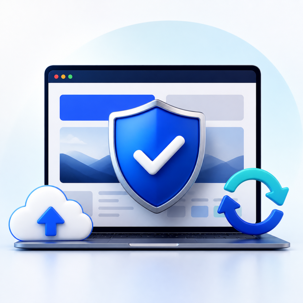 Website protected by a shield with backup and maintenance symbols