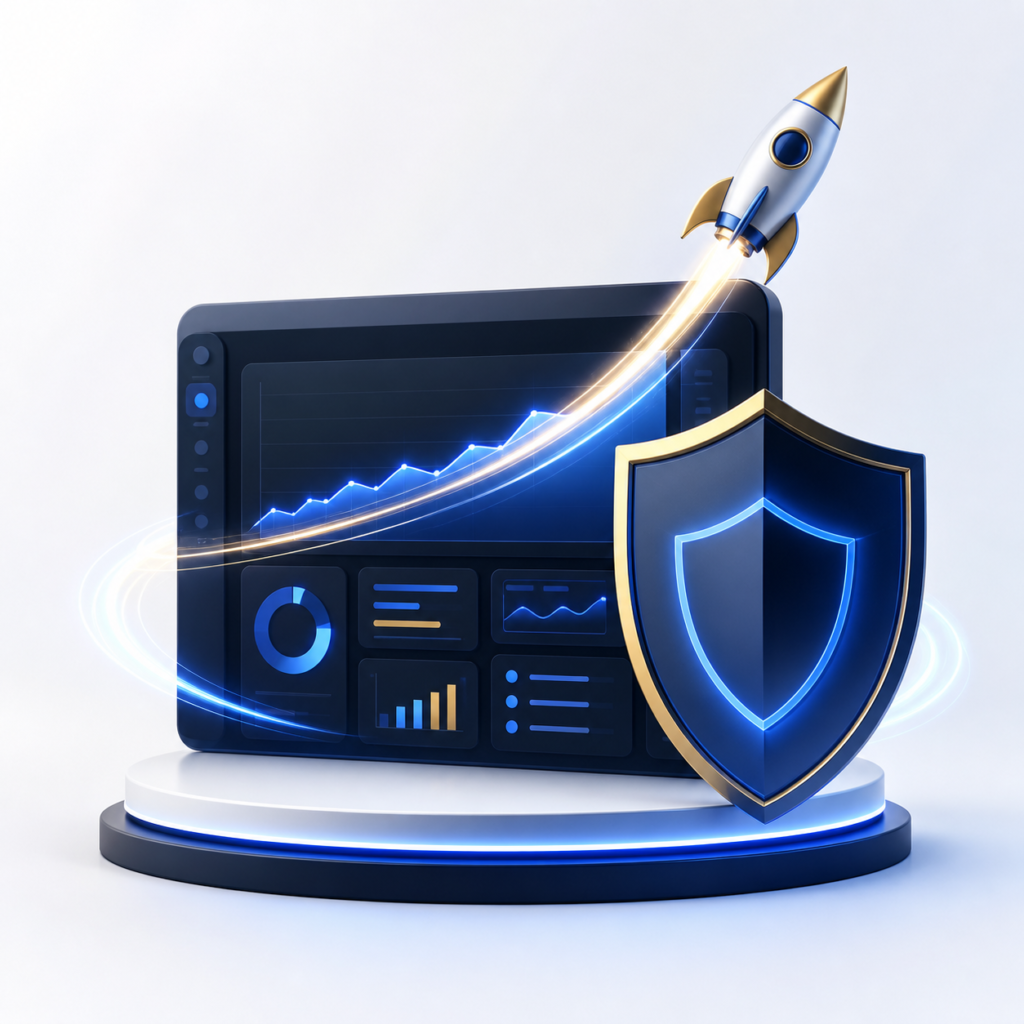 Premium website growth dashboard with security and upward momentum
