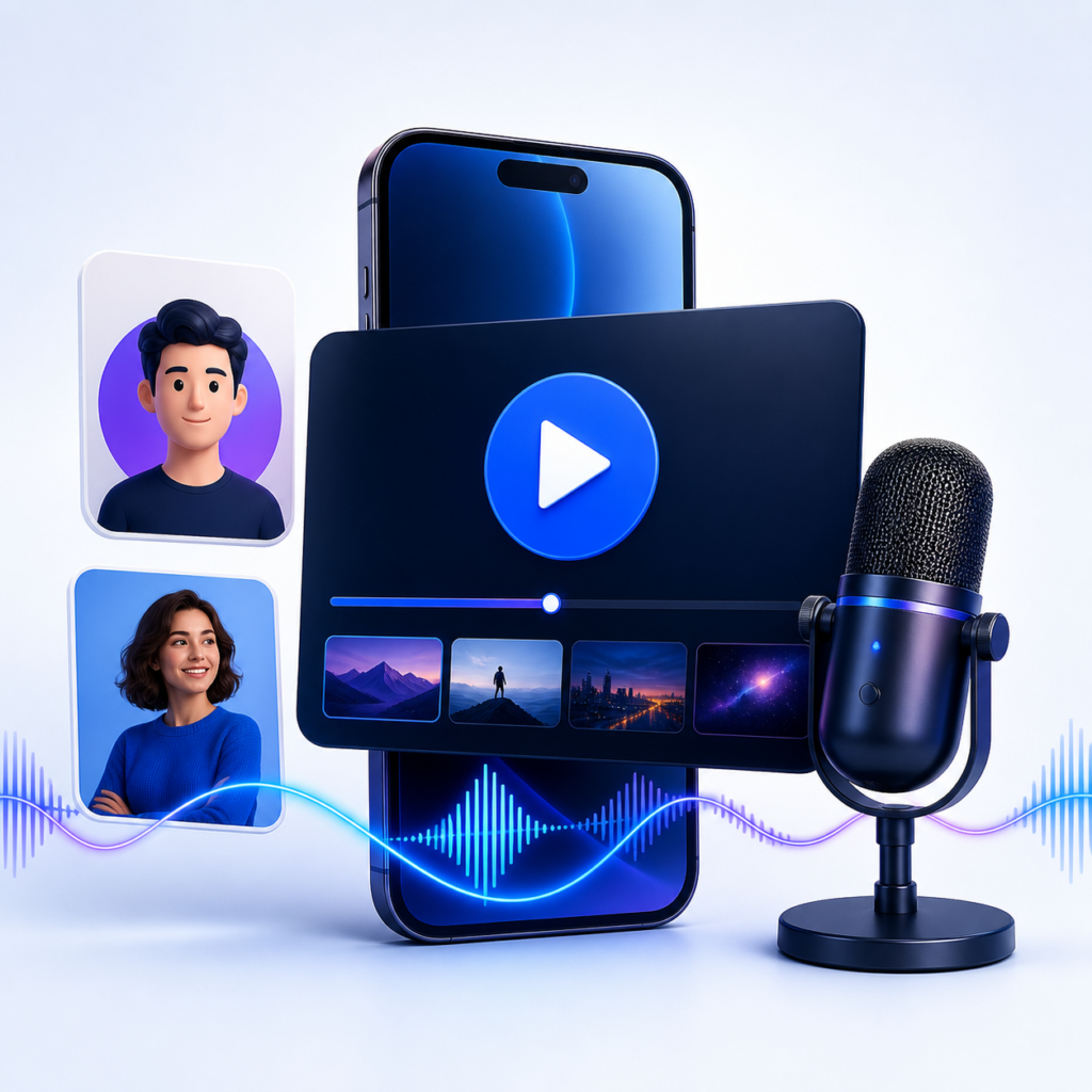 Promotional video production with microphone voice and avatar imagery